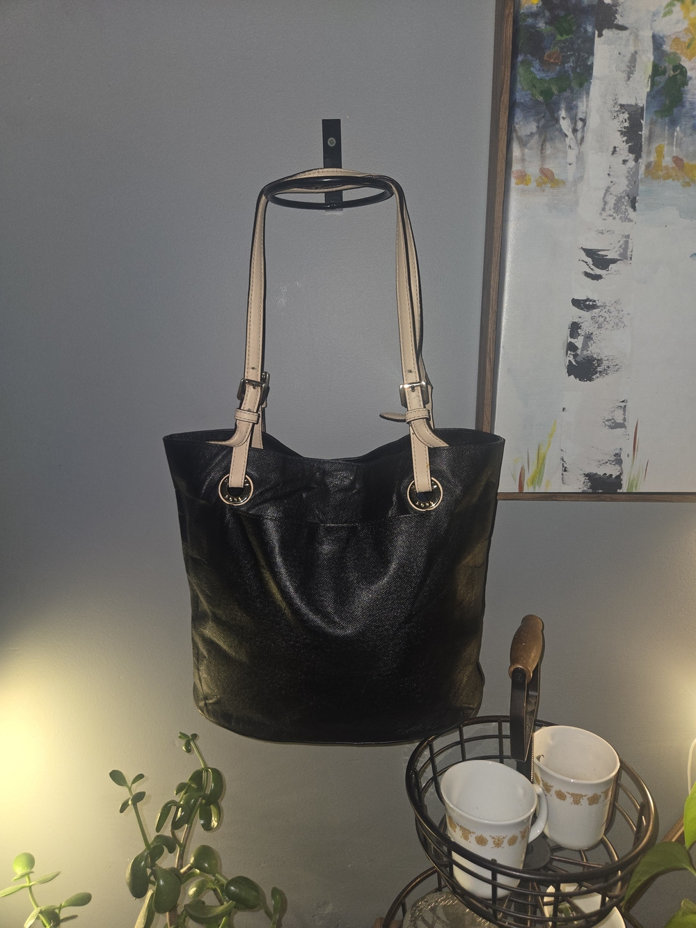 Michael Kors Jet Setter Black Tote Bag with Beige Straps